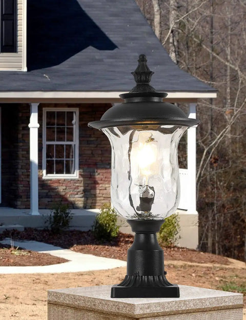 Outdoor Post Light With E26 Socket, 3-Inch Pier Mount, Waterproof Black Lantern With Water Glass Shade for Patio Garden Porch