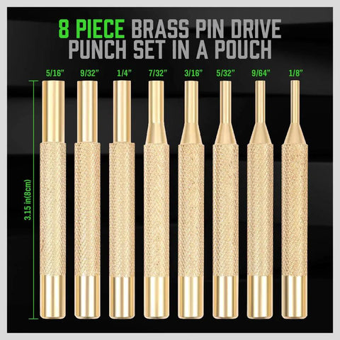 8 Piece Brass Punch Set For Pin Driving And Removal From One Eighth Inch To Five Sixteenths Inch Non Marring Ideal For Wood Metal