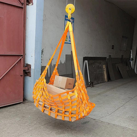 Front view of orange nylon flat hoisting sling net with square mesh for lifting heavy loads