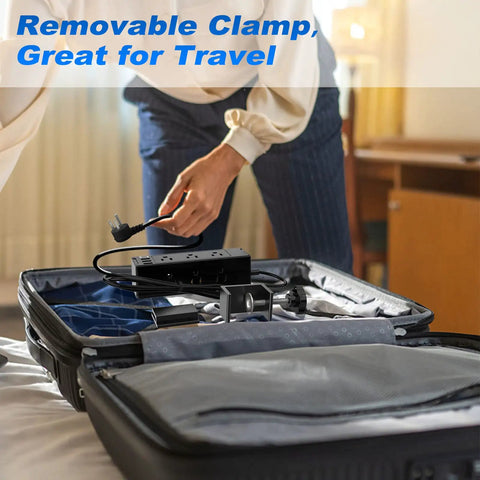 Desk Clamp Power Strip With USB C PD, 9 Outlets And 4 USB Ports packed in suitcase for travel convenience.