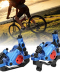 Heavy Duty Aluminum Alloy Mechanical Disc Brakes Front Rear Set For Mountain Bikes Hella Smooth Two Way Piston Action Stops On A Dime Blue Color, shown with calipers.