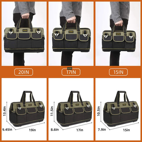 Three tool bags of sizes 20in, 17in, and 15in, displayed vertically with handles, showing different dimensions and pocket arrangements.