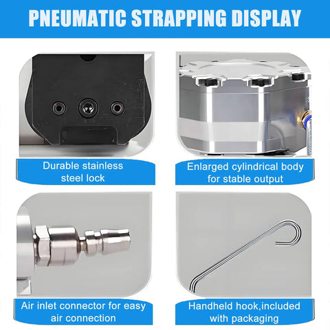 Pneumatic strapping machine features: durable stainless steel lock, cylindrical body, air connector, handheld hook for 19mm banding steel wood and aluminum profiles.