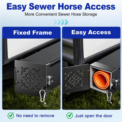 Image of Heavy Duty Aluminum RV Bumper End Caps 2 Pack With Vent Holes And Protective Mesh showing easy sewer hose access.