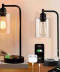 Industrial Table Lamps Set Of 2 With USB Ports And AC Outlet, glass shades, black finish, fully dimmable, 2200K bulbs included