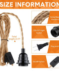 Dope 4 Pack Pendant Light Cord Kit With 15Ft Plug In Switch, E26 E27 socket, hemp rope, on/off switch, size details shown