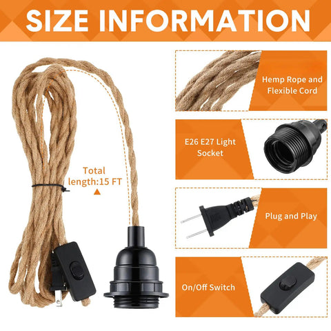 Dope 4 Pack Pendant Light Cord Kit With 15Ft Plug In Switch, E26 E27 socket, hemp rope, on/off switch, size details shown