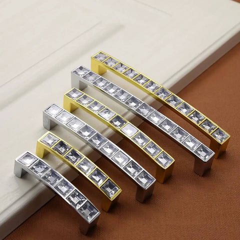 Crystal U Shaped Drawer Pull Handles In Bright Chrome With Screws, Boss Modern Minimalist Cabinet Knobs For Furniture displayed in a row