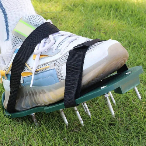 Heavy Duty Lawn Aerator Shoes Kit, 20 Metal Spikes For Quick Soil Aeration on foot, straps securing shoe for lawn care