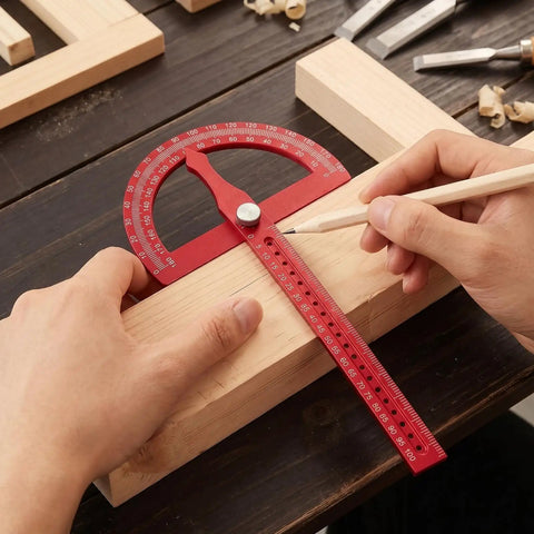 Heavy Duty Angle Finder With Dead Nuts Secure Locking Swing Arm Reads Zero To One Eighty Degrees For No Sweat Transfer On Baseboard Trim Or Workshop Setup used for precise angle marking on wood.