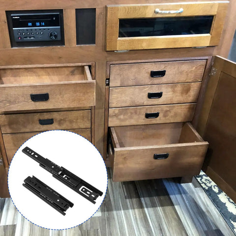 Eight Pairs Top Shelf Black Drawer Slides Full Extension Side Mount Ball Bearing Telescopic Slider Built Like A Tank Cabinet Hardware installed in wooden kitchen cabinetry.