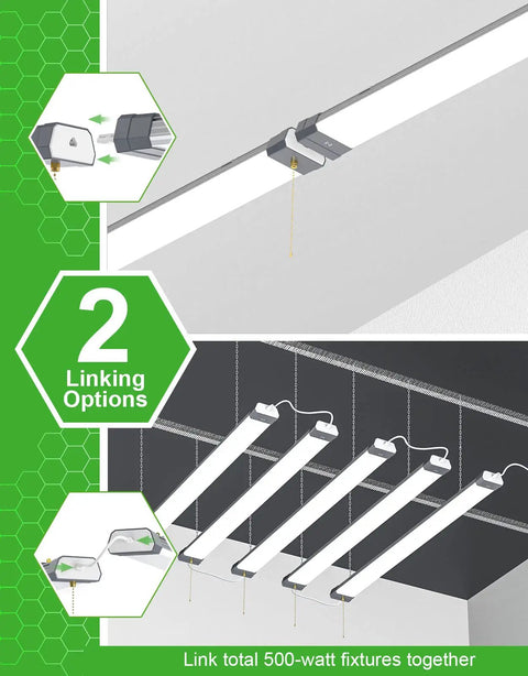 Diagram showing two linking options for Linkable 120W LED Shop Light With 15600 Lumens 5000K Daylight Linear High Bay Low Bay Fixture