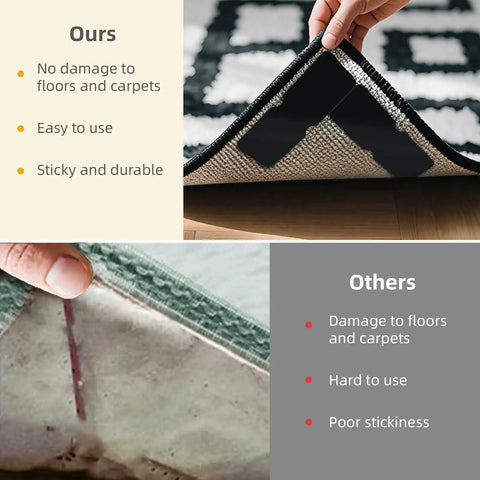 Comparison of Eight Pack Non Slip Rug Grippers For Area Rugs Double Sided Rug Pads Corner Tape showing easy use vs damage.
