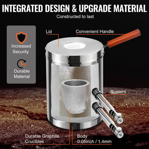 VEVOR propane melting furnace kit, 12 kg capacity, stainless steel body with crucible and tongs