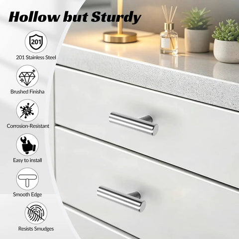2 Inch Brushed Stainless Steel Cabinet Pulls T Bar Handles With Single Hole Installation on white drawer
