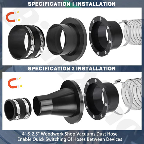 4-inch and 2.5-inch magnetic dust-collection fittings set with mag port connector, couplers, and clamps for dust collectors and shop vacuums