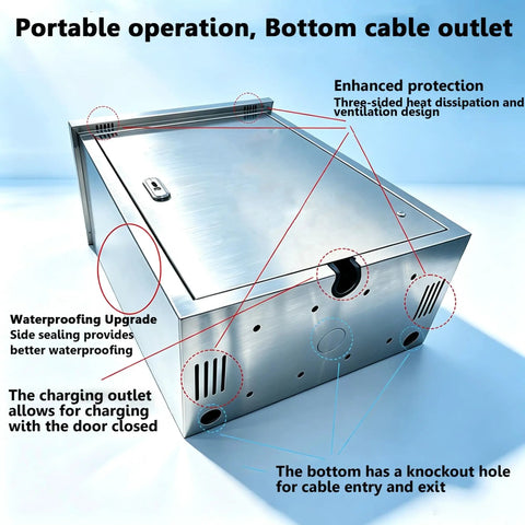 Heavy Duty Waterproof Stainless Steel EV Charger Lock Box Designed To Shield Your Plug From Elements With Rock Solid Wall Mount security housing showing ventilation design.