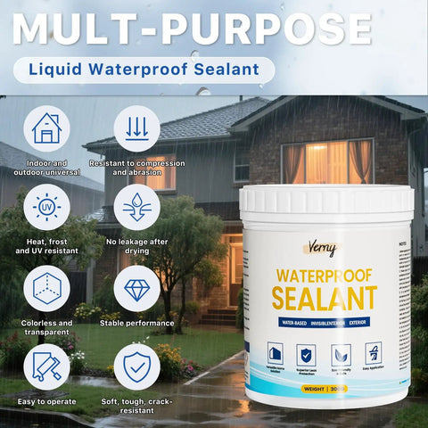 No Sweat Clear Waterproof Sealant And Adhesive, Invisible Liquid Coating That Plugs Leaks Tight Indoors Or Out, Solid Grab On Any Surface, Bathroom Kitchen And Garden Patch Up, 10.5oz against rain backdrop.