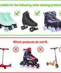 Diagram of roller skates highlighting compatibility with Eight Pack 82A Light Up Roller Skate Wheels 54x32mm With Bearings Installed for teal quads
