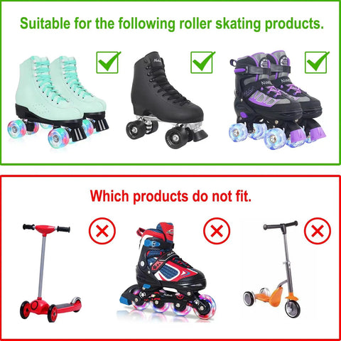 Diagram of roller skates highlighting compatibility with Eight Pack 82A Light Up Roller Skate Wheels 54x32mm With Bearings Installed for teal quads