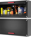Sturdy 31.5 Inch Metal Wall Cabinet For Garage With Up Flip Door And Handle, Wall Mounted Floating Tool Storage Cabinet For Garage, Basement, And Warehouse, Tough As Nails Heavy Duty Steel Construction Built To Last, black steel wall cabinet with red handle