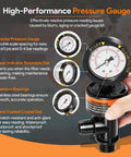 High-flow manual air relief valve with top-mount pressure gauge for pool/spa filters; black body with orange ring.
