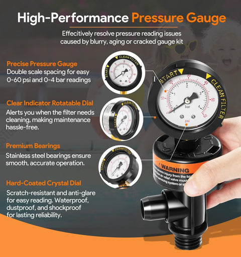 High-flow manual air relief valve with top-mount pressure gauge for pool/spa filters; black body with orange ring.