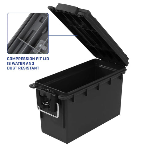 Lockable Stackable Ammo Storage Box for Home Range and Outdoor Use Made in USA fits 30 caliber 9mm 5.56 open with lid details