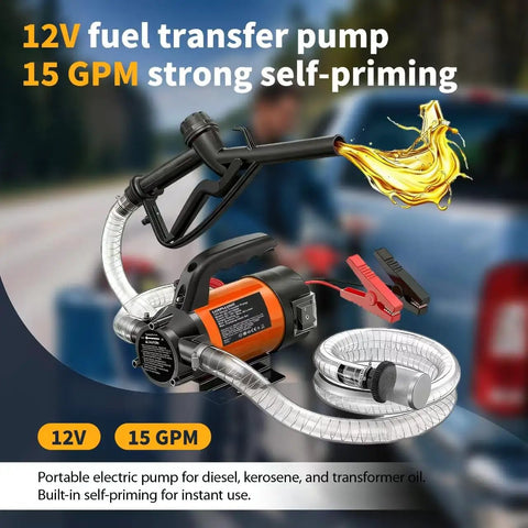 Heavy Duty 12V Electric Fuel Pump Kit Featuring A Slick 15 Gallon Per Minute Flow Rate For Fast Diesel Fuel Transfer On The Jobsite Without Any Stress, showing pump with hose.