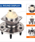 Rear Wheel Hub Bearing Assembly 512357 Fits Buick Allure Century Impala Lumina APV Monte Carlo Uplander Venture Oldsmobile Pontiac Aztek Grand Prix Montana Trans Sport FWD With ABS Durable Easy Install Beefy Smooth Quiet Ride shown in all round display with top, front, and bottom views.