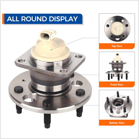 Rear Wheel Hub Bearing Assembly 512357 Fits Buick Allure Century Impala Lumina APV Monte Carlo Uplander Venture Oldsmobile Pontiac Aztek Grand Prix Montana Trans Sport FWD With ABS Durable Easy Install Beefy Smooth Quiet Ride shown in all round display with top, front, and bottom views.