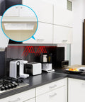 Kitchen setup showing Heavy Duty Pro Grade Aluminized Heat Shield Mat with Adhesive Backing under cabinet for heat protection
