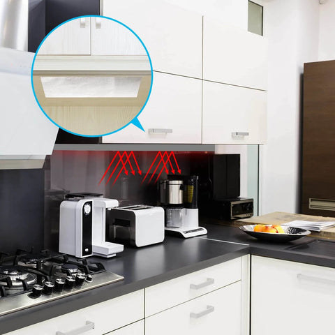Kitchen setup showing Heavy Duty Pro Grade Aluminized Heat Shield Mat with Adhesive Backing under cabinet for heat protection
