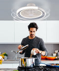 Bladeless Ceiling Fan With LED Lights And Remote 20 Inch Low Profile Flush Mount Smart App in a modern kitchen setting