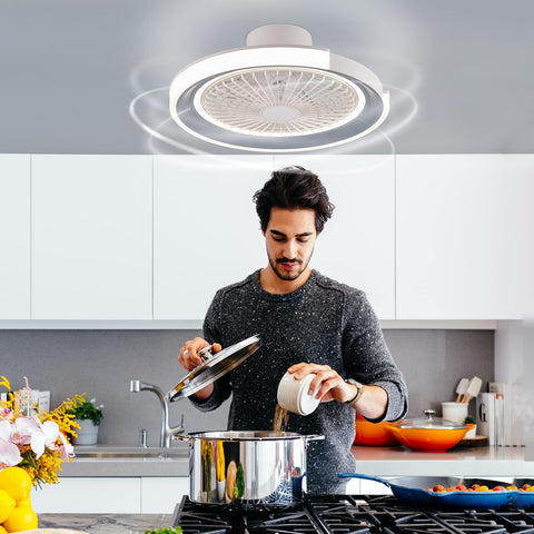 Bladeless Ceiling Fan With LED Lights And Remote 20 Inch Low Profile Flush Mount Smart App in a modern kitchen setting