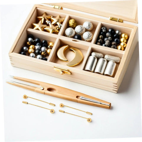 Bulk 50 Pack Copper Flat Round Tray Lapel Pins With Heavy Fabric Fastening And Raw Finish Metal Brooch Sticks For Industrial Crafts And Costume Accessories, various decorative elements in a wooden box.
