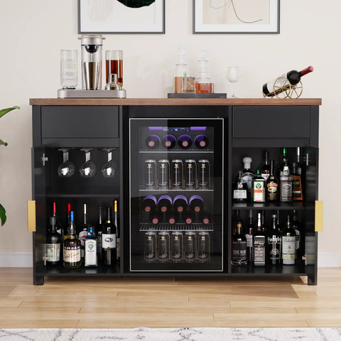 Big Home Bar Cabinet With Built In Fridge Space Fits Most Mini Fridges Modern Fluted Buffet Sideboard Table For Coffee Wine Or Bevs At Home 53.2 Inches Long with drinks displayed.