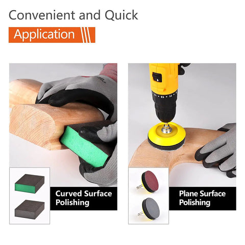 3 Inch Sanding Discs Kit All In One With 100 Pcs Discs And 2 Buffing Sponge Blocks in use on wood surfaces