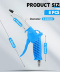 High Flow Air Blower Gun With Rubber Tip 8 Pc Nozzle Set For Compressor, dimensions labeled, blue color, 9.9 inch length.