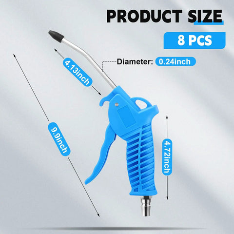 High Flow Air Blower Gun With Rubber Tip 8 Pc Nozzle Set For Compressor, dimensions labeled, blue color, 9.9 inch length.