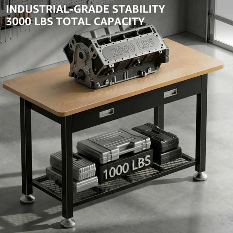 Beast Heavy Duty Work Bench With Drawer And Storage For Garage And Shop, 2000 Lbs Steel Frame, wood top, supports engine block