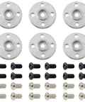 Front view: six silver aluminum 25T servo horn discs with screws for standard RC servos