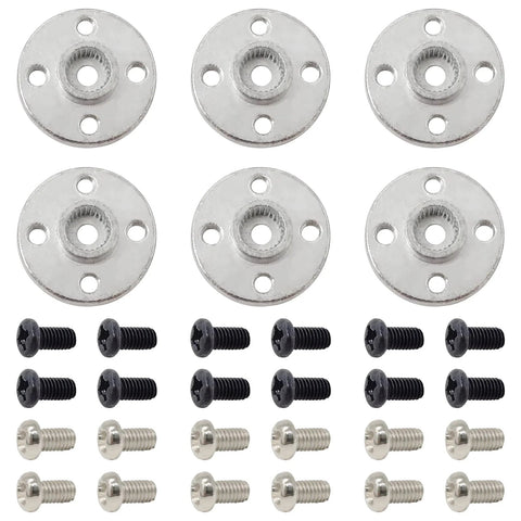 Front view: six silver aluminum 25T servo horn discs with screws for standard RC servos
