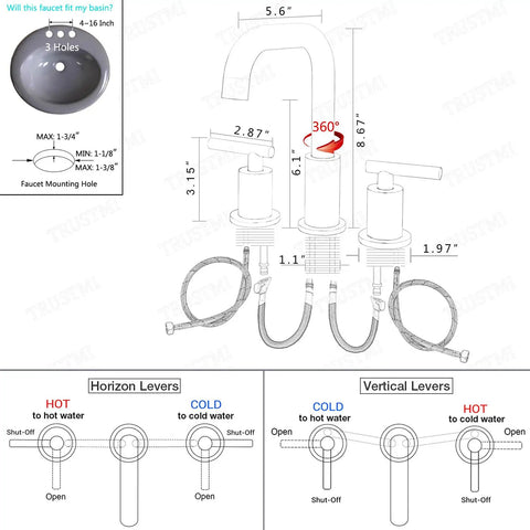 Diagram of Brushed Gold 8 Inch Widespread Bathroom Faucet With Two Handles Three Hole Mount, showing dimensions and lever instructions.