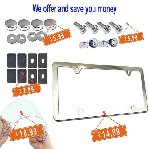 All In One License Plate Frame Cover Kit with prices, screws, chrome caps, and clear flat cover visible.