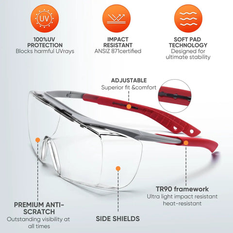 Over Glasses Safety Goggles With Anti Fog And Scratch Resistant Lenses ANSI Z87 Certified Lab And Shooting Eyewear Adjustable TR90 Frame