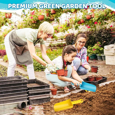 Family gardening with 9 Inch Beach Sand Shovels Set For Kids And Grown Ups, heavy duty ABS spades, sandbox garden tool kit.