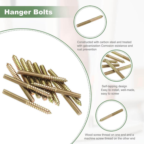 M8 Hanger Bolts Set For Wood, 3 Inch Length, Double Ended Self Tapping Bolts, 8mm Screw Wood Dowels, Galvanized Carbon Steel