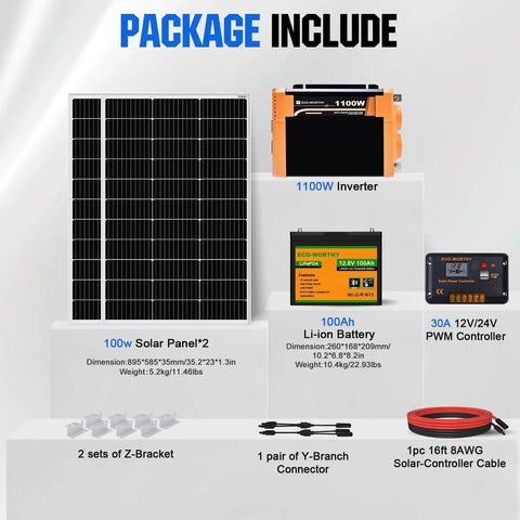 Ultimate RV Solar Starter Kit with 200W panels, 100Ah lithium battery, 1100W inverter, and 30A controller for off-grid campers
