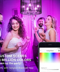 Alexa Compatible E12 Smart Light Bulbs S1 Auto Pairing shown in a chandelier at a party with a color-changing app display.